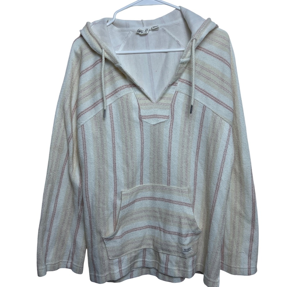 Roxy Womens Striped Baja Hoodie Pullover Cream‎ Pink Coastal Beachy Medium Boho